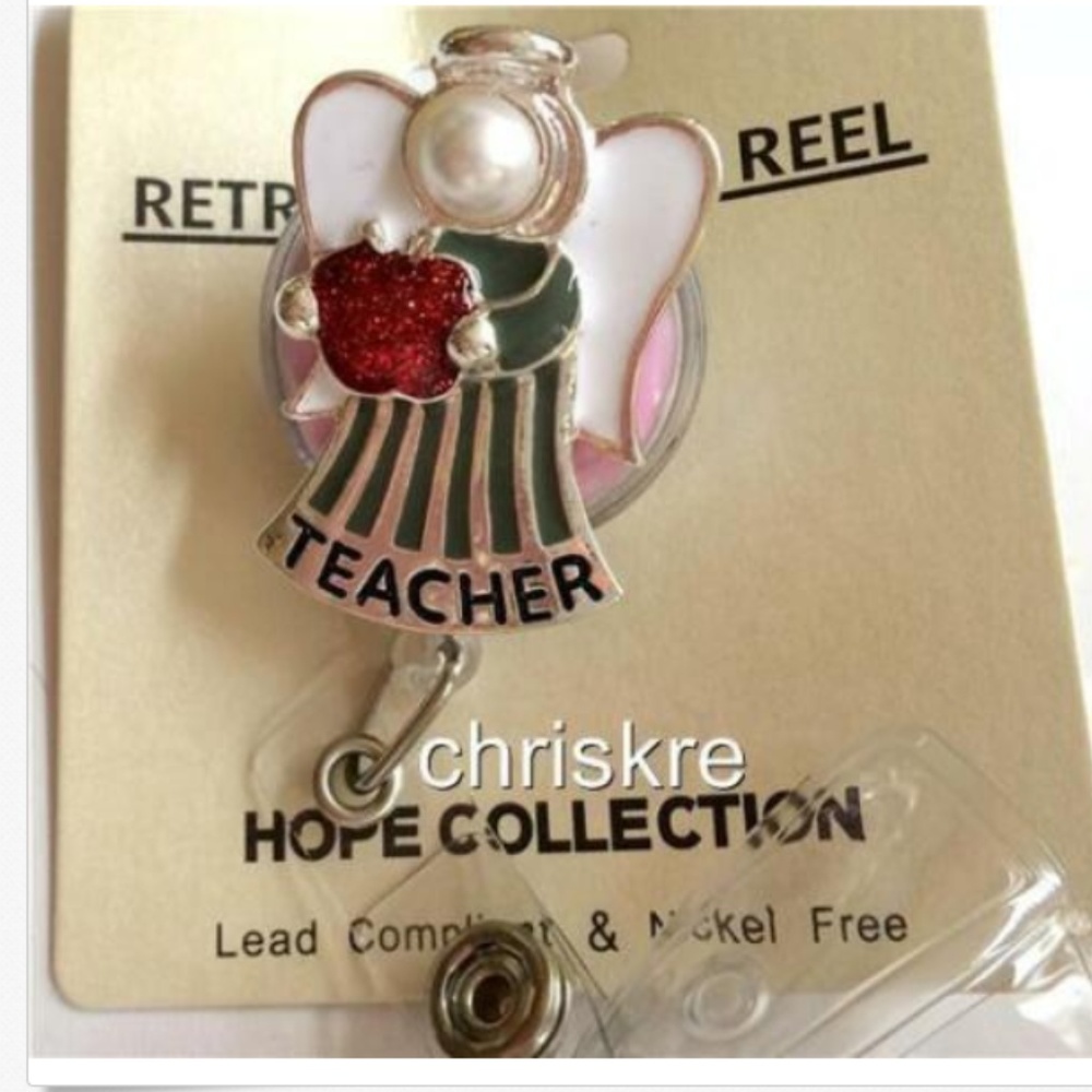 Teacher ID Holder Retractable Reel Lanyard Pearl
